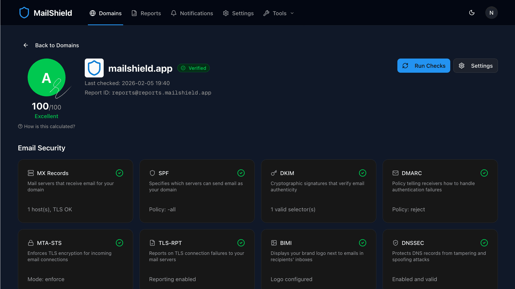 MailShield domain detail view showing a perfect security score