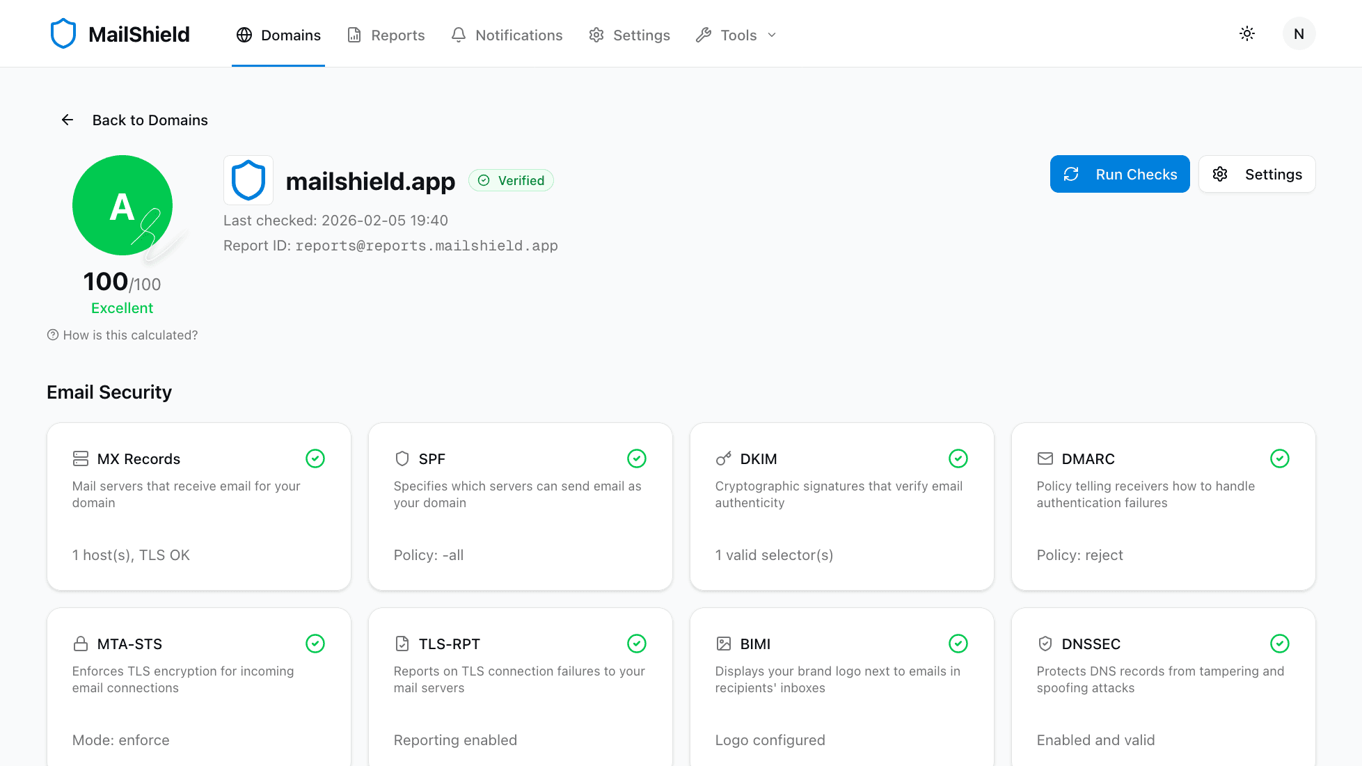 MailShield domain detail view showing a perfect security score