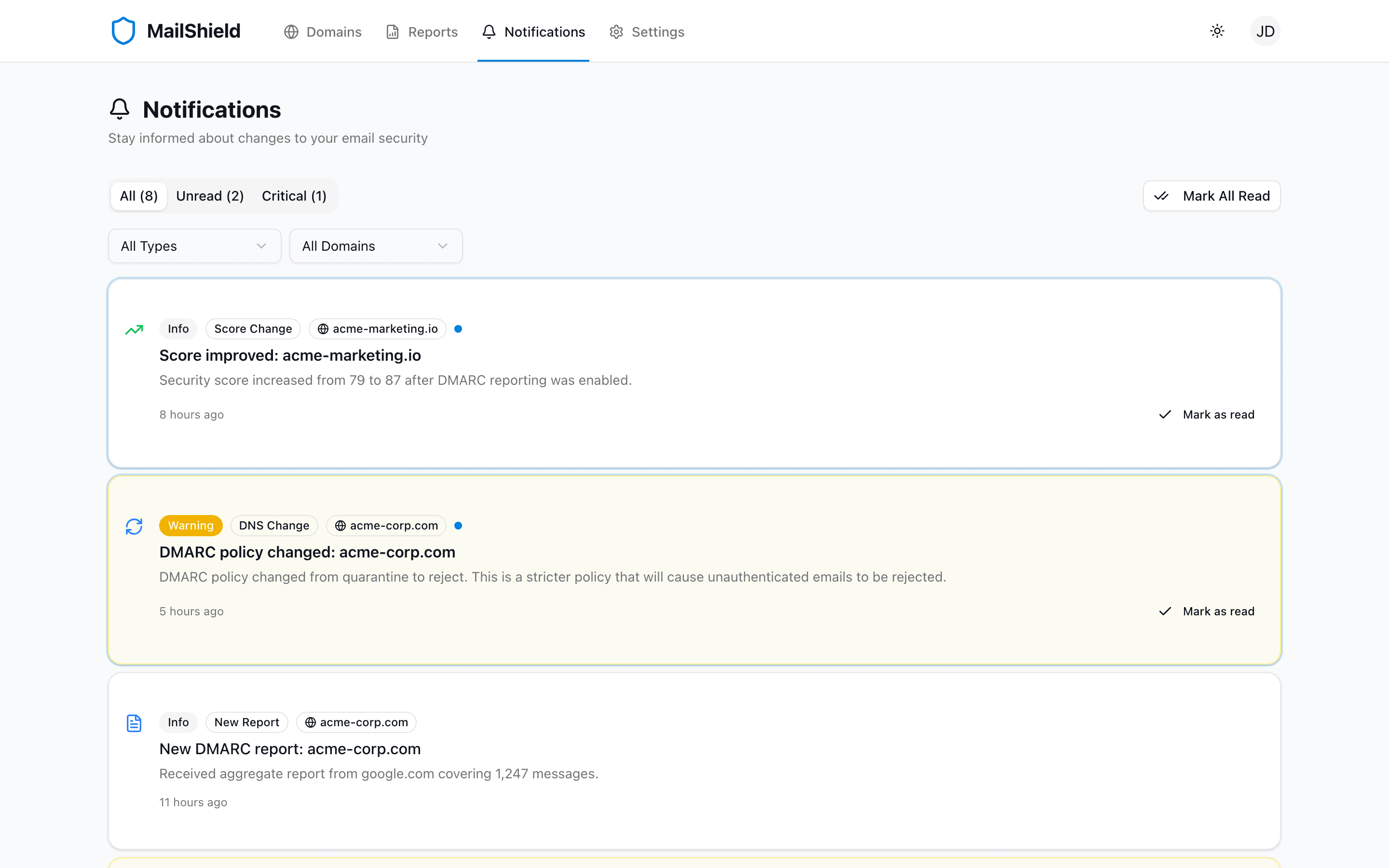 MailShield notifications view showing alerts for DNS changes and score updates